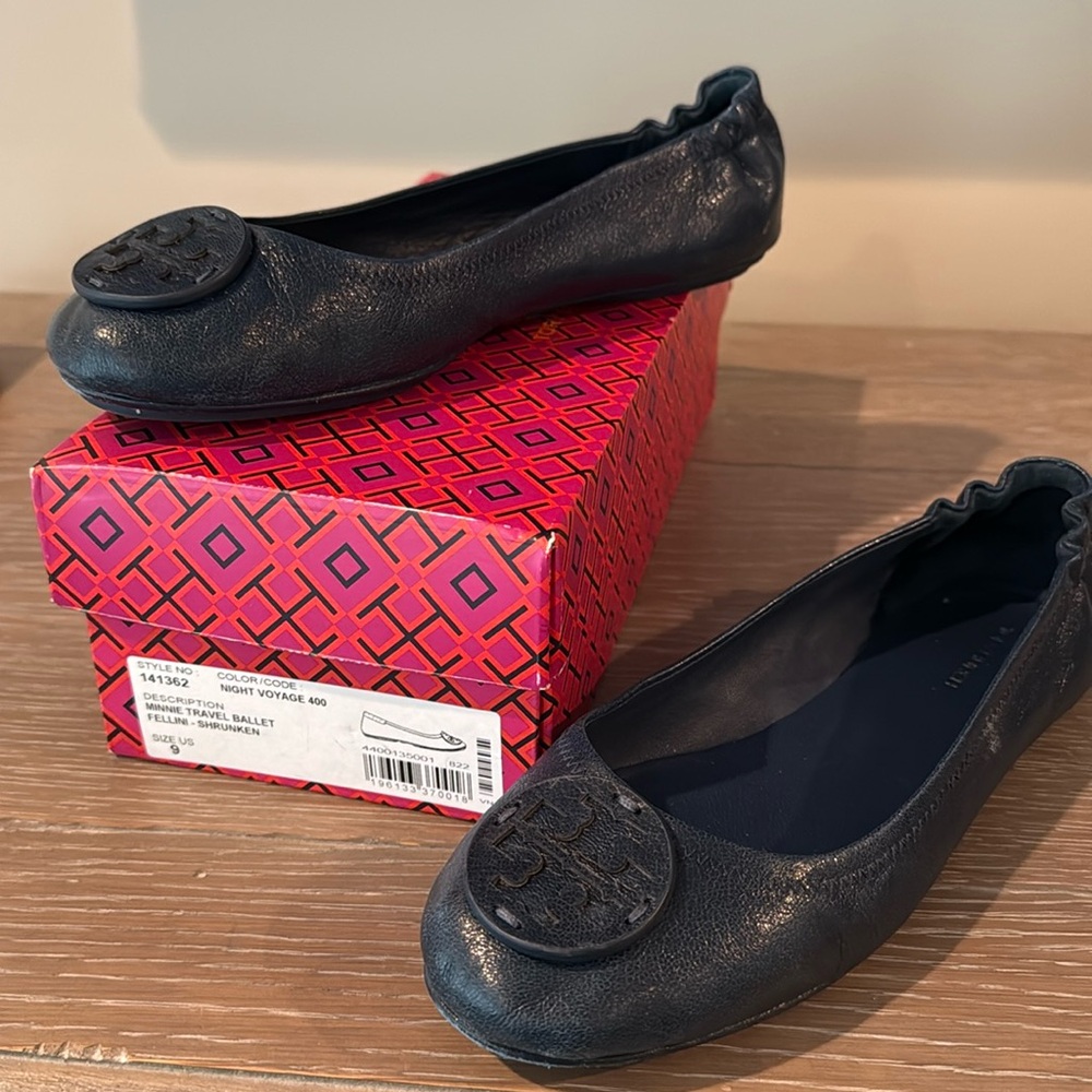 Tory Burch Night Voyage Minnie Travel Ballet Fellini Flats Leather Sz9